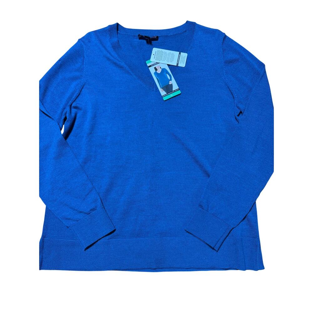 NWT Katherine Barclay Womens XL Blue Knit 100% Merino Wool V-Neck Blouse